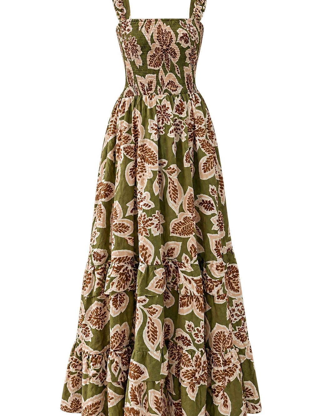 Olive Floral Tiered Maxi Sundress with Ruffled Straps